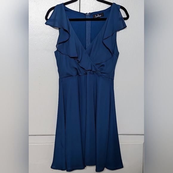 Royal Blue Sleeveless Mock Wrap Rufffled Fit & Flare Dress - Size M Lulus - Picture 5 of 9